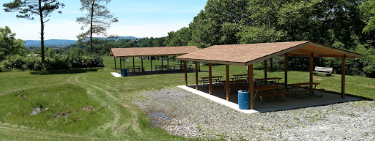 Two pavilions in a clearing next to forest.